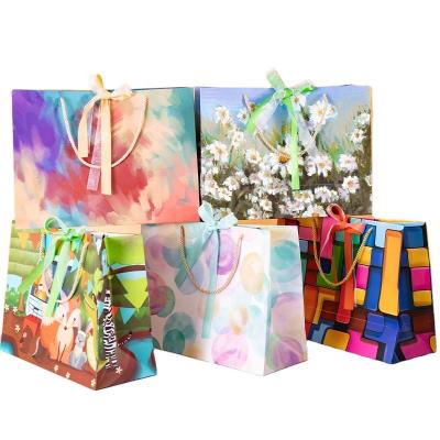 China Custom logo 43 32 14CM hand style oil painting gift bag birthday gift bag event bag exquisite gift bag with doublebow ribbon for sale