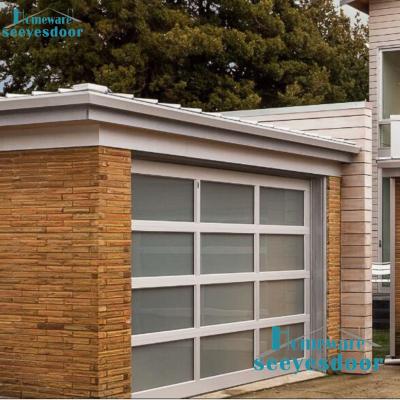 China Seeyesdoor Windproof Roll Up Aluminum Clear Tempered Glass Garage Door Design for sale