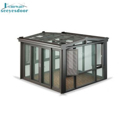 China Modern Polycarbonate Sunroom Balcony 4 Season Glass Sunroom House Telescopic Bow Sunroom for sale