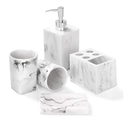 China Coffee Table Bathroom Accessories Set Full Marble Bathroom Set For Bath Decor Toothbrush Holder Soap Dispenser Dish Tumblers Ink White en venta