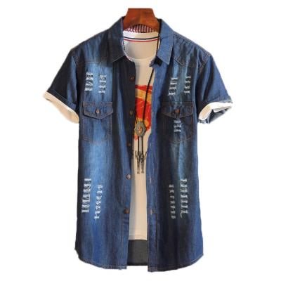 China Casual 100% Anti-pilling Cotton Button Blouse Distressed Cowboy Fashion Men's Short Sleeve Summer Denim Shirt for sale