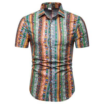 China Hawaii Vacation Loungewear 40%Cotton 60%Hemp Anti-pilling Fabric Short Sleeve Striped Print Plus Size Mens Floral Shirt for sale