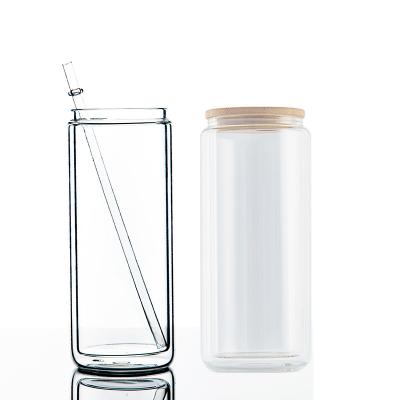 China Double Wall Box 16oz 20oz Clear Glass Glass Can Knock Clear Snow Globe Pre Drilled Double Wall Tumblers With Bamboo Lids for sale