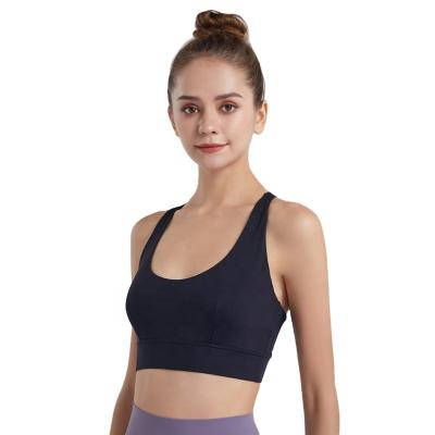 China 2021 new yoga bra breathable nude lulu t-shaped back women beautiful sports running shockproof gathered fitness bra for sale