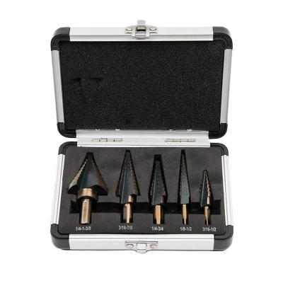 China 5Pcs Metal Drilling Inch HSS Straight Flute Shank Tri Flat Titanium Step Drill Bit Set With Auto Punch In Aluminum Case for sale