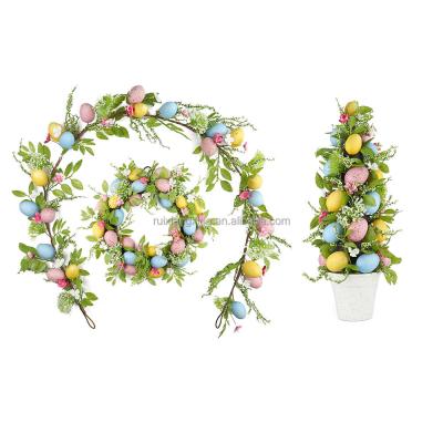 China Hot Sale Plastic Artificial Decorative Egg Easter Garland Assorted With Mix Flower Green Leaves for sale