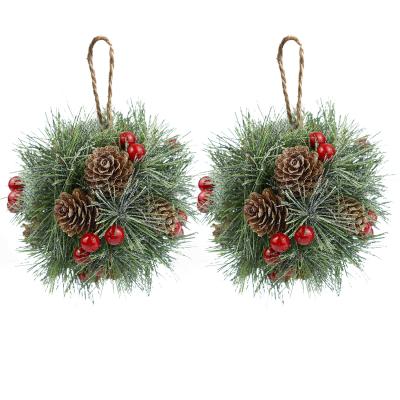 China REALISTIC & NATURAL LOOK 2 pcck Frosted Christmas Ornament Pine Needle Pine Cone Christmas Mistletoe Ball Decorative Hanging Kiss Decor 5 Inch for sale