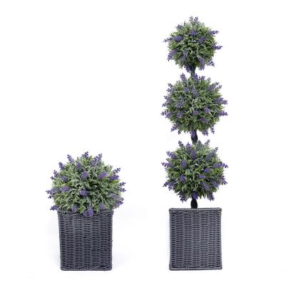 China Dusting Powder Effect on Leafes and Flower Outdoor Indoor Artificial Tree Plants Topiary Lavender Single or Triple Potted Frosted Ball for sale