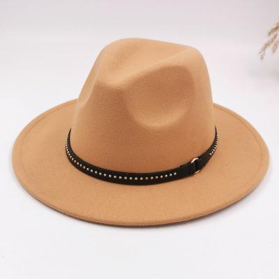 China Simple Solid Wide Fedora 100% Wool Fireplace Brim-Pot Hats Plush Wool Leather Band Luxury Ribbon Hats for sale