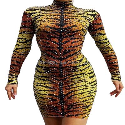 China Leopard Pattern Print Rhinestone Print Rhinestone Dresses Singer Car Dance D Stretch Skirt Slim Stage Party Dress for sale