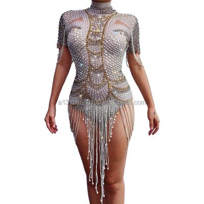 China Dresses Host Gorgeous Rhinestone Bead Tassel Stretch Slim Short One Piece Stage Performance Costume Woman for sale