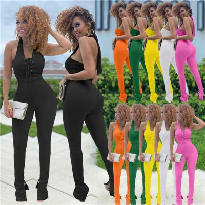 China New arrivals H6617-2022 QUICK DRY halter lace up jumpsuit women bodycon women summer overalls for sale