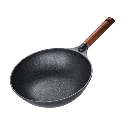 China General Use For Wholesale Maifan Aluminum Alloy Stick Pan Kitchen Household Stone Wok Gas And Induction Cooker Non Die Casting With Wooden Handle for sale