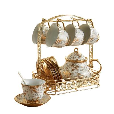 China Viable Gold Plated Ceramic Coffee Cup And Saucer Cup Dish Spoon Teapot European Luxury Delivery Shelf for sale