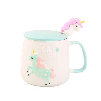 China Creative Unicorn Student Gift Cute Cartoon Ceramic Mug Relief Water Cup Viable Wholesale With Customizable Cover for sale