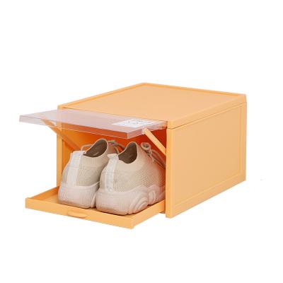 China 2021 Hot Selling Sliding Type Stored Drawer 2021 Stackable Transparent Shoe Box Shoe Storage Organizer Plastic Shoe Box for sale