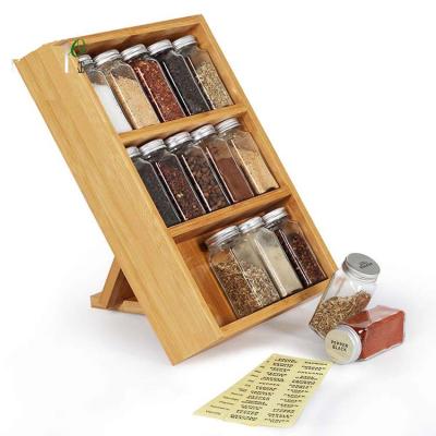 China Sustainable Herb Spice Shelf with 15 Glass Bottles Spice Seasonings Set Bamboo Spice Rack for sale