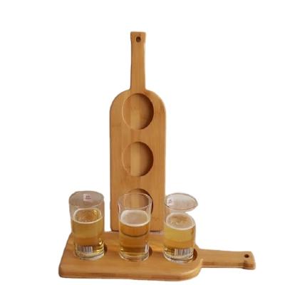 China Eco-Friendly Bamboo Flywheel Type Process Hole Shape 3 Viable Bottles Serving Beer Cup Wine Sample Tray for sale