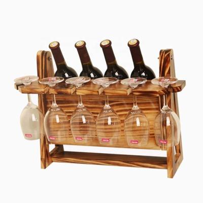 China Sustainable freestanding wooden wine glass hangers holds 4 bottles and 6 wine glasses for sale