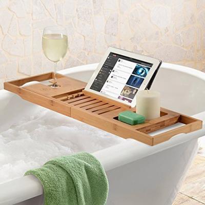 China Sustainable Bathtub Trolley Tray Bamboo Bathroom Organizer With Expandable Sides Rack For Book Glass Towel for sale