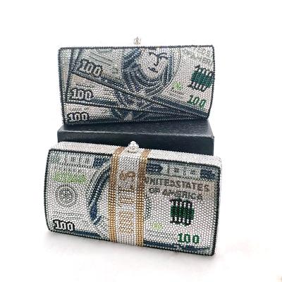 China Wholesale High Quality 100% Handmade Luxury Designer Funny Dollars Bag Full Crystal Stack Of Cash Money Clutches And Purses for sale