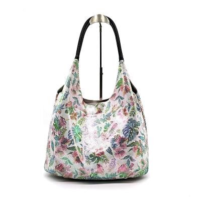 China New GENUINE LEATHER Women's Summer Large Casual Outdoor Ladies Ladies Genuine Leather Flower Printing Top Handle Shoulder Bag for sale