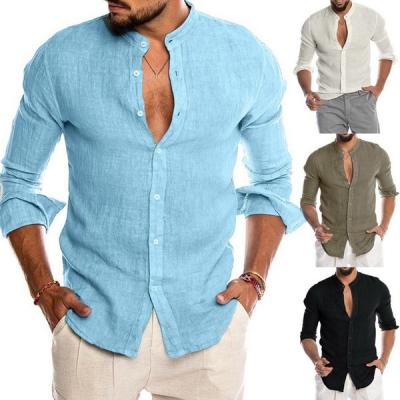 China 2022 New Spring Cardigan Canvas Stand Collar Long Sleeve Men's Anti-pilling V-Neck Shirt for sale