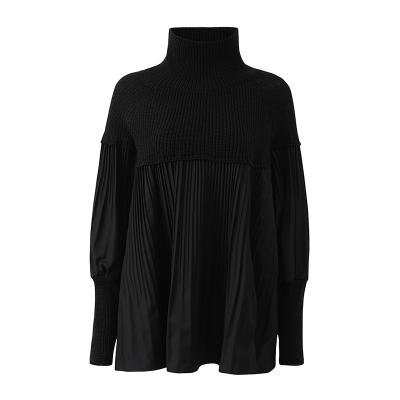 China 2021 newest hot Anti-wrinkle style fashion clothes women patchwork ruffled design turtle neck knit sweater puff sleeves doll shirt for sale