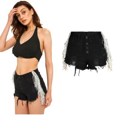 China Viable women's denim shorts with high waists and fringed fringes for sale