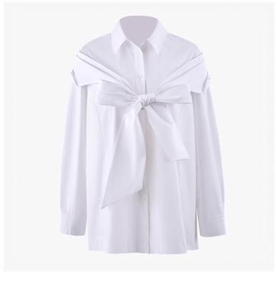 China Anti-pilling Women Shirt Patchwork Bow Bandage Cotton Woman Blouses Shirts Long Sleeve Loose Cotton White Women Tops Bloues 2021 for sale