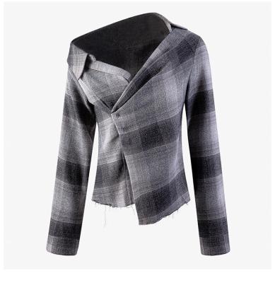 China Women's Plaid Blouse Anti-pilling Asymmetrical Ladies Shirts Oblique Collar Tops Irregular Blouses 2021 Retro Vintage Female Shirt for sale