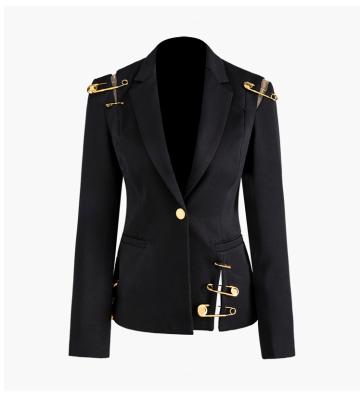 China wholesale Anti-wrinkle suits women shoulder patchwork with mesh ladies blazer with pin special pin blazer slim black women for sale