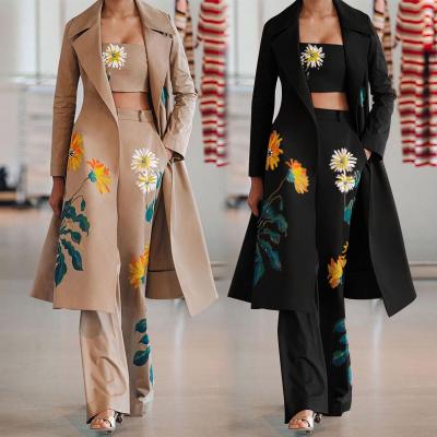 China Waterproof Women Set Women Printed Ditch Coat With Crop Tank And Flower Print Long Pants 3 Piece Sets Fashion Women Set Clothes for sale