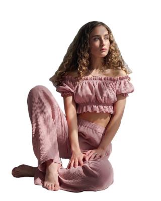 China 2021 summer anti-static women's fashion sexy wide leg pants cotton loose pleated women's set pants set women's pants set for sale