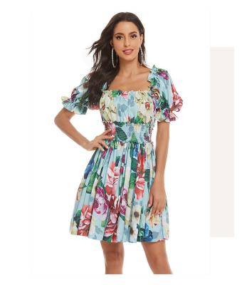 China New 2021 Summer Anti-Static French Floral Print Dress Bubble Sleeve Dress With A Line Tight Off-the-Shoulder High Neck Waist D Size Dress for sale