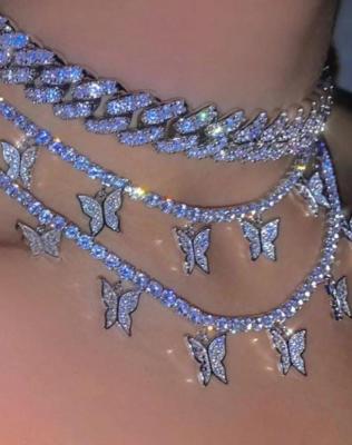 China Wholesale Hiphop Women Iced Out 925 Zirconia Sterling Silver Cuban Link Chocker Tennis Butterfly Chain Necklace for sale