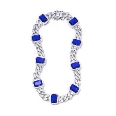 China Hiphop Fancy Design 925 Sterling Silver Natural Blue Zircon Gemstone Miami Cuban Bracelets for sale