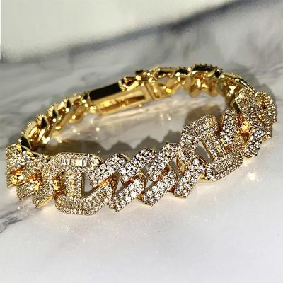 China Hiphop Hip Hop Iced Out CZ Mens Cubic Zirconia Moissanite Diamond Miami Cuban Link Chain Bracelet Gold Filled for sale