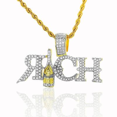 China Gold Plated Cheap Chunky Icy Golden Alphabet Cursive Necklace Wine Moissanite Hip Hop Nameplate Pendant Custom Texts For Girls for sale