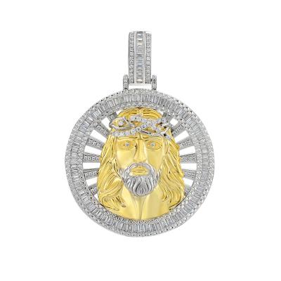 China Jesus Head Pendant With Baguette Diamond Border 925 Sterling Silver Hip Hop Two Tone Plating Religious Jesus Head Pendant With Baguette Diamond Border for sale