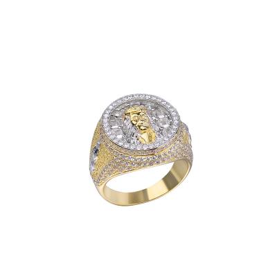 China Trendy Sterling Silver CZ Two Tone Men Bling Out Jesus Ring Custom 925 18K Gold Hip Hop Rings New Style Hiphop 2022 for sale