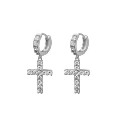 China Wholesale Hiphop Circle Men Iced Out Natural CZ Diamond Sterling Silver Dangle Cross Earring for sale