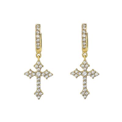 China Wholesale Hiphop Fashion Iced Out Sterling Silver CZ Diamond Cross Gold Huggie Circle Stud Earrings for sale