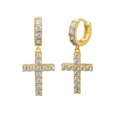 China Hiphop 14k Gold 925 Sterling Silver Single Row 5a White CZ Chromed Cross Circle Drop Earring for sale