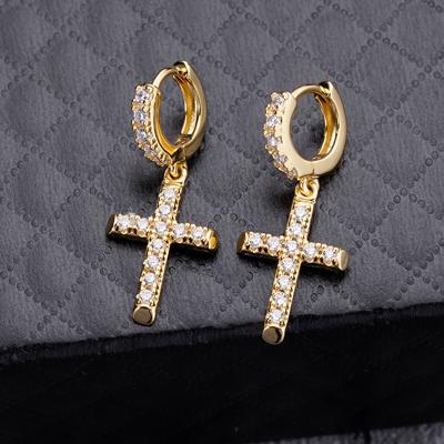 China Hip Hop Hip Hop Iced Out 925 Sterling Silver Gold Brass Plated Ear Clips Dangle Cross Earrings Men for sale