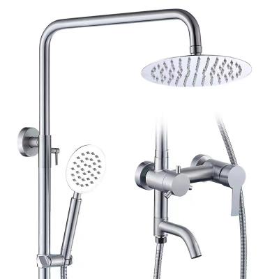 China With Round Slide Bar Cover Spray Shower Faucet Set Mixer Wall Mount Rainfall Head Brushed Stainless Steel Shower Column Set for sale