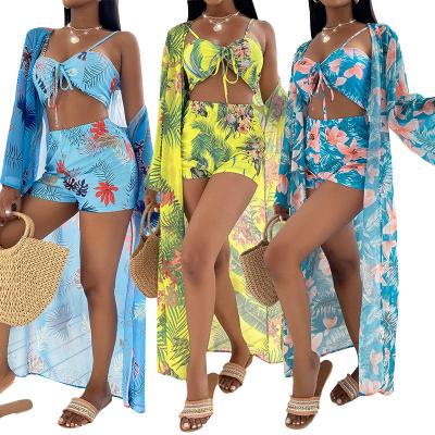 China 2022 New Women Halter Swimwear Three Pieces Plus Size Bra And Cover Up Shorts Sexy Printed Swimsuit Bikini Beach Wear for sale