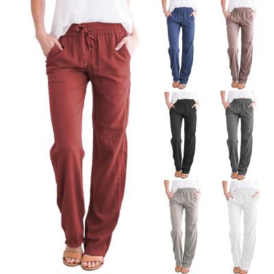 China Anti-Wrinkle Solid Color Cotton Canvas Drawstring Lace Up Sweatpants Elastic Waist Loose Casual Wide Leg Pants Women's Trousers With Pocket for sale