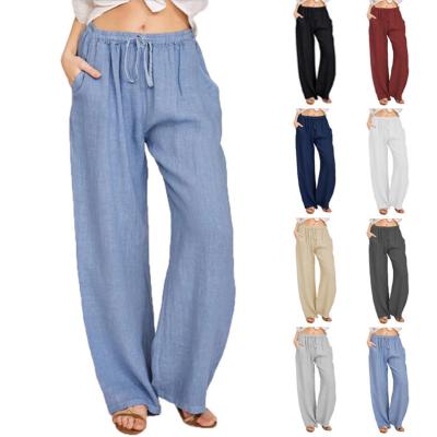 China New Anti-Wrinkle Drawstring Ladies Linen Pants Women's Full Track Solid Good Quality Casual Yoga Pants Loose Wide Leg Plus Size Slacks for sale