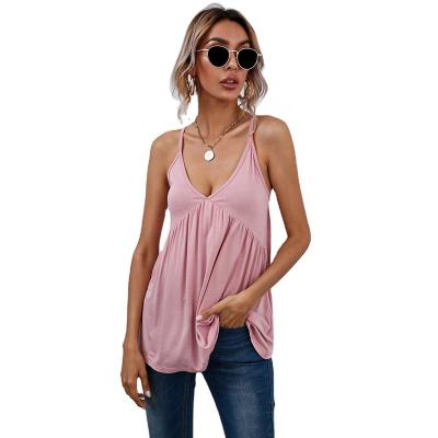 China 2022 New Anti-Wrinkle Women Loose Deep V-Neck Short Tops Fashion Female Sexy Beach Vest Sleeveless Backless Casual Sling Top T-shirts Women for sale